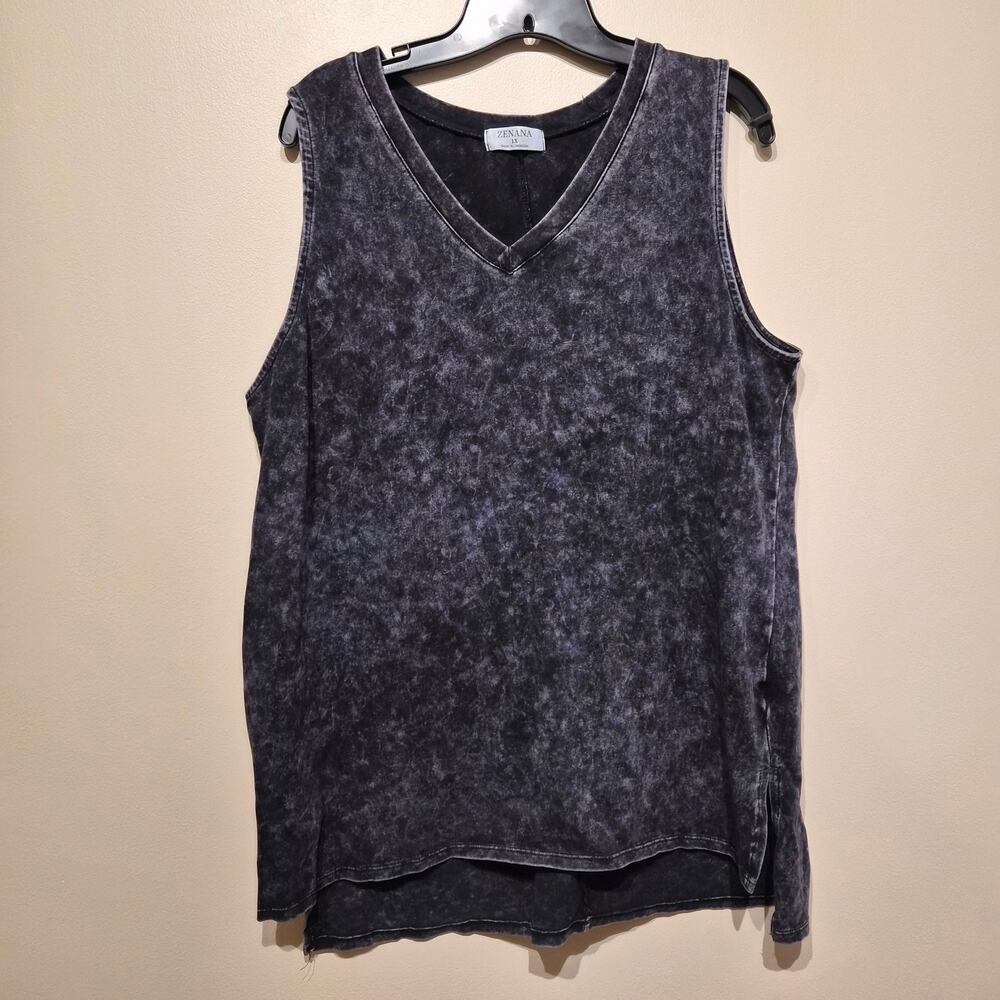 Zenana Mineral Wash Sleeveless V Neck Tank Tip Side Slit 1X Black